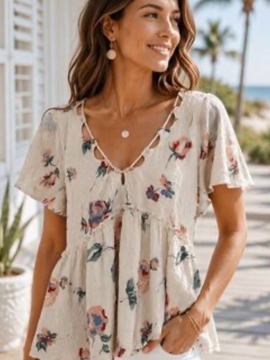 Lucky Brand Tops - Lucky Brand NWT Floral Ivory V-Neck Babydoll Top Size Large